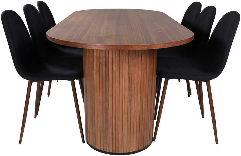 Venture Design Valgomasis stalas, Bianca Ovalus, 200x90 cm, Riešutų juodas, Valgomasis kėdė, Polar, 87x44 cm, Juoda
