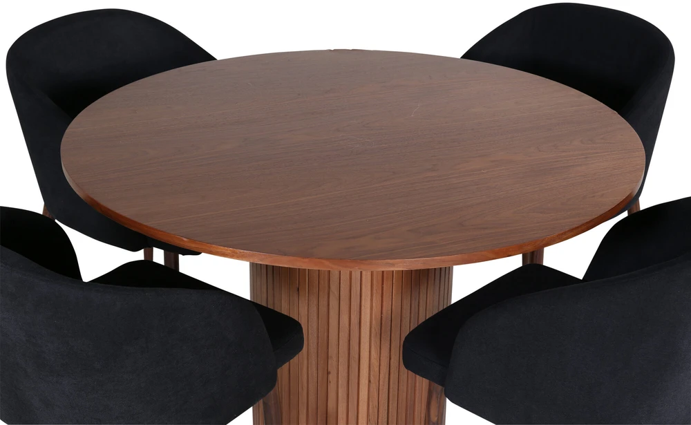 Venture Design Valgomasis stalas, Bianca, ⌀110 cm, Riešutas/Juoda furniruota + Valgomasis kėdė, Arch, 55x83x48.5 cm, Riešutas/Juoda