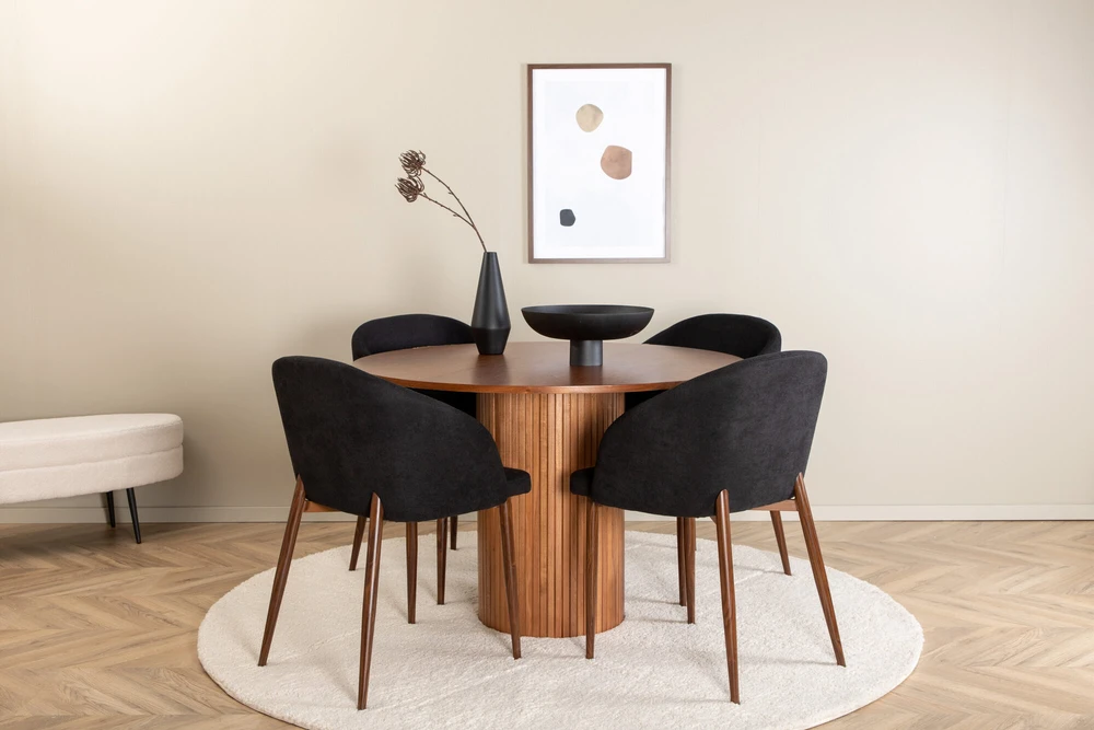 Venture Design Valgomasis stalas, Bianca, ⌀110 cm, Riešutas/Juoda furniruota + Valgomasis kėdė, Arch, 55x83x48.5 cm, Riešutas/Juoda
