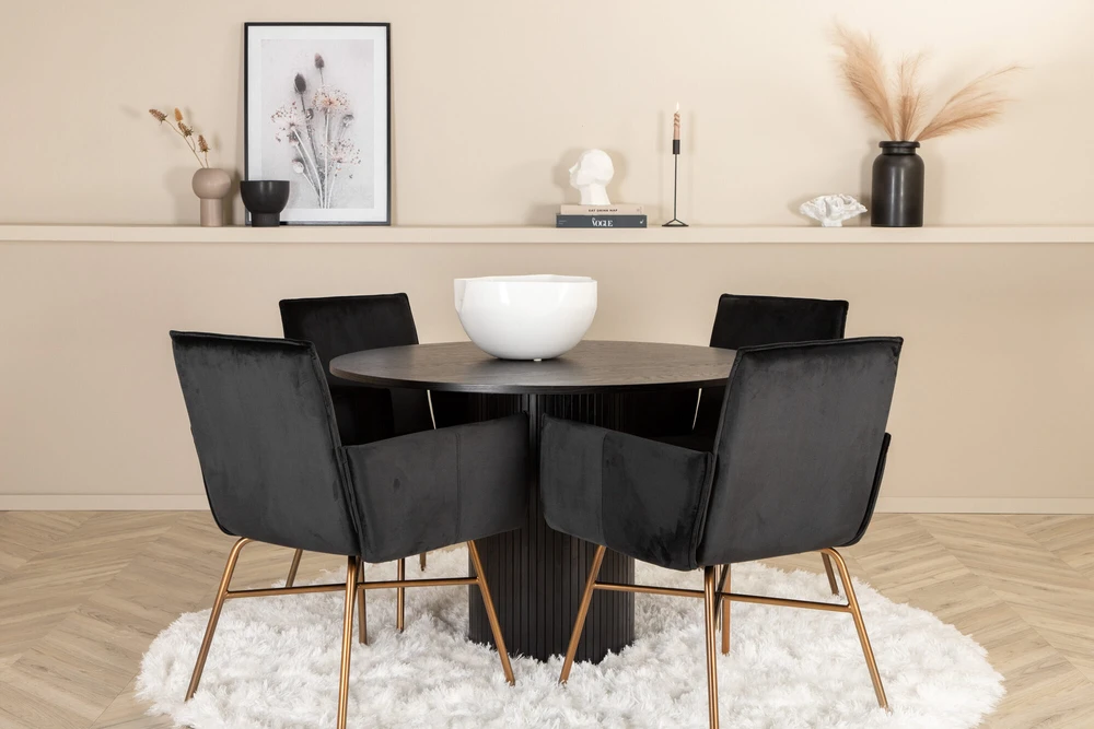 Venture Design Valgomasis stalas, Bianca, ⌀110 cm, Juodas / Valgomasis kėdė, Petra, 60x87x57 cm, Juoda