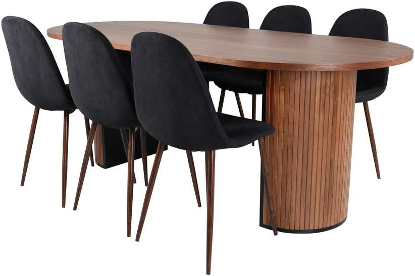 Venture Design Valgomasis stalas, Bianca Ovalus, 200x90 cm, Riešutų juodas, Valgomasis kėdė, Polar, 87x44 cm, Juoda