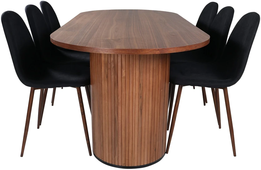 Venture Design Valgomasis stalas, Bianca Ovalus, 200x90 cm, Riešutų juodas, Valgomasis kėdė, Polar, 87x44 cm, Juoda