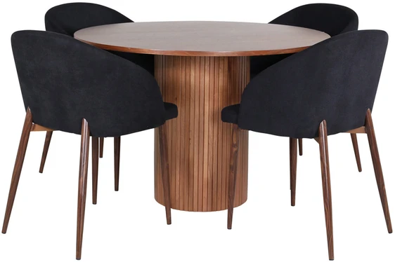 Venture Design Valgomasis stalas, Bianca, ⌀110 cm, Riešutas/Juoda furniruota + Valgomasis kėdė, Arch, 55x83x48.5 cm, Riešutas/Juoda