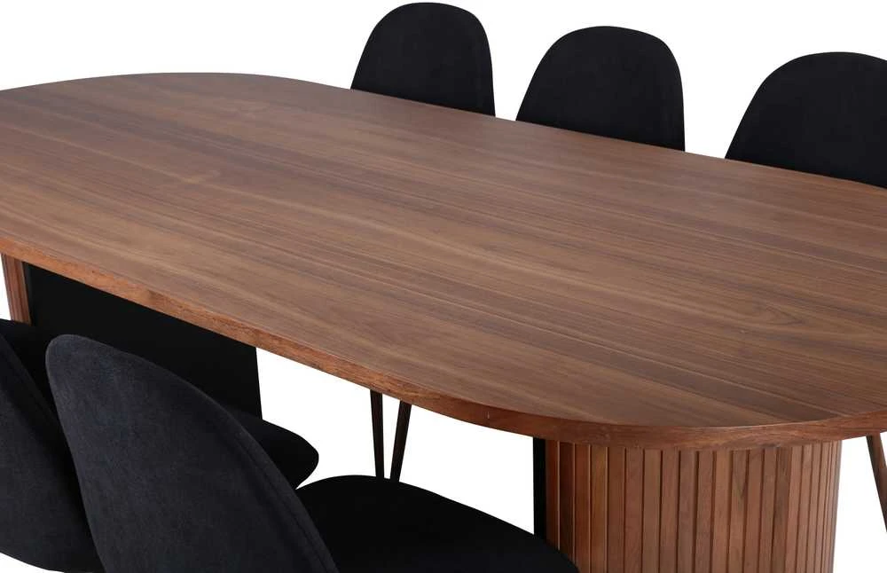 Venture Design Valgomasis stalas, Bianca Ovalus, 200x90 cm, Riešutų juodas, Valgomasis kėdė, Polar, 87x44 cm, Juoda