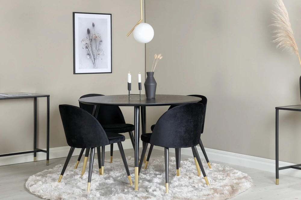 Venture Design Valgomasis stalas, Dipp, 115 cm, Juodas / Valgomasis kėdė, Velvetas, 57x76.5x50 cm, Juoda