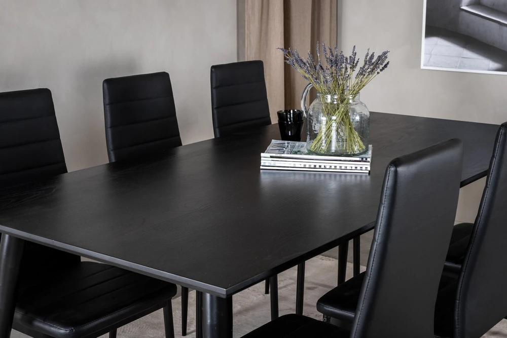 Venture Design Valgomasis stalas, Dipp, 180x90 cm, Juoda furniruota medžio drobė / Valgomasis kėdė, Plonas aukštas atlošas, 98x42 cm, Juoda