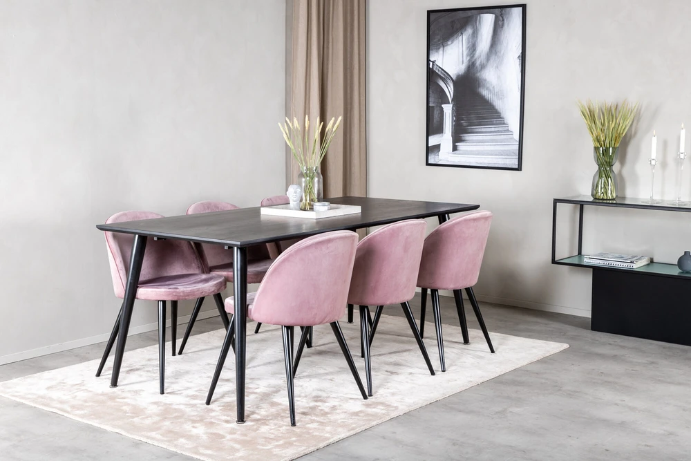 Venture Design Valgomasis stalas, Dipp, 180x90 cm, Juodas / Valgomasis kėdė, Velvetas, 57x76.5x50 cm, Rožinis