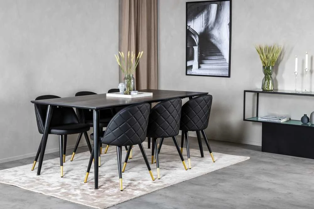 Venture Design Valgomasis stalas, Dipp, 180x90 cm, Juodas + Valgomasis kėdė, Velvet, 57x76.5x50 cm, Juoda