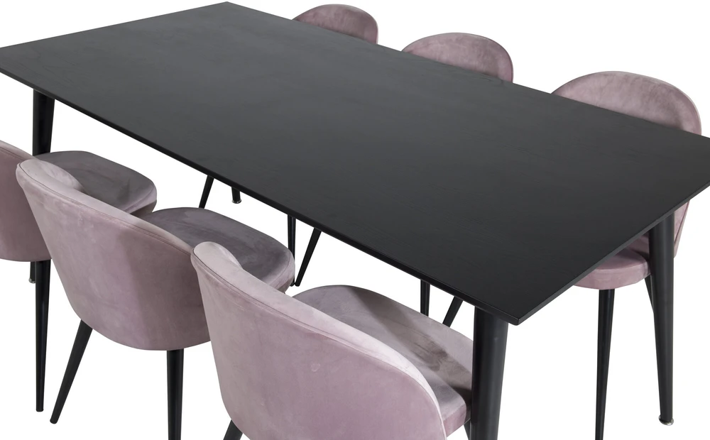 Venture Design Valgomasis stalas, Dipp, 180x90 cm, Juodas / Valgomasis kėdė, Velvetas, 57x76.5x50 cm, Rožinis