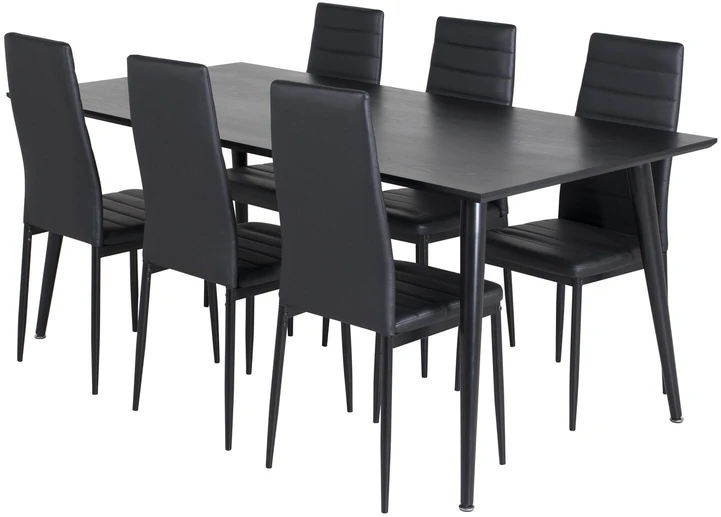 Venture Design Valgomasis stalas, Dipp, 180x90 cm, Juoda furniruota medžio drobė / Valgomasis kėdė, Plonas aukštas atlošas, 98x42 cm, Juoda