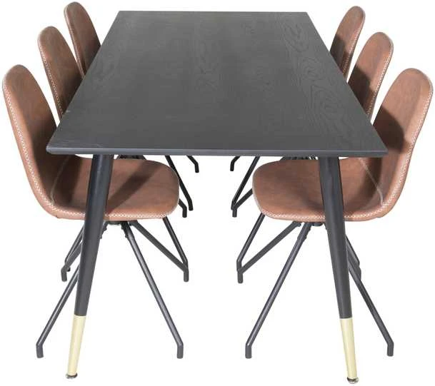 Venture Design Valgomasis stalas, Dipp, 180x90 cm, Juodas / Valgomasis kėdė, Polar, 88x44 cm, Ruda