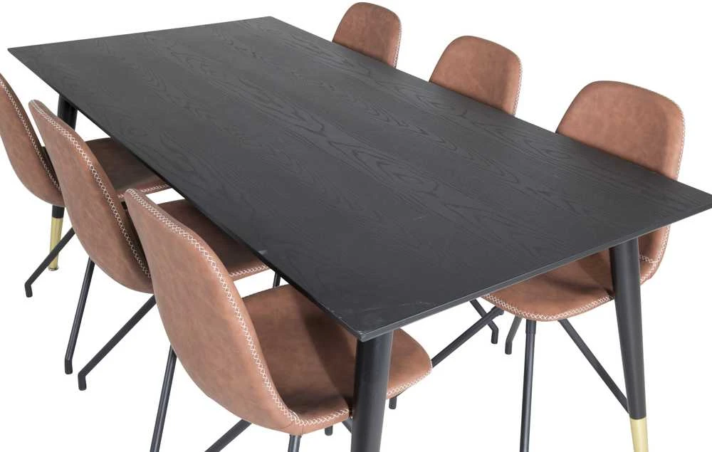 Venture Design Valgomasis stalas, Dipp, 180x90 cm, Juodas / Valgomasis kėdė, Polar, 88x44 cm, Ruda