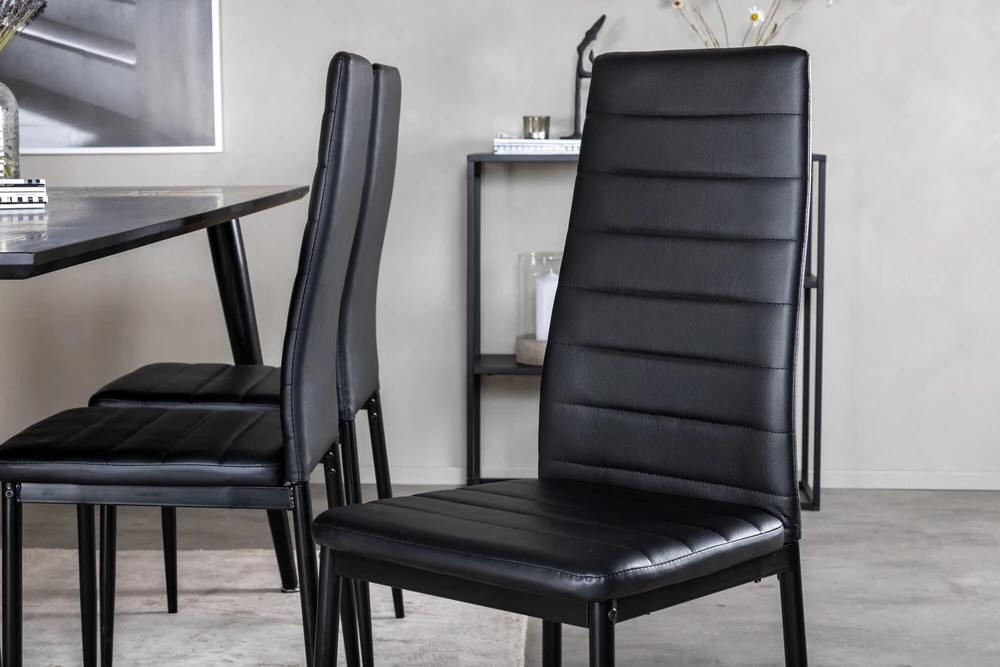 Venture Design Valgomasis stalas, Dipp, 180x90 cm, Juoda furniruota medžio drobė / Valgomasis kėdė, Plonas aukštas atlošas, 98x42 cm, Juoda