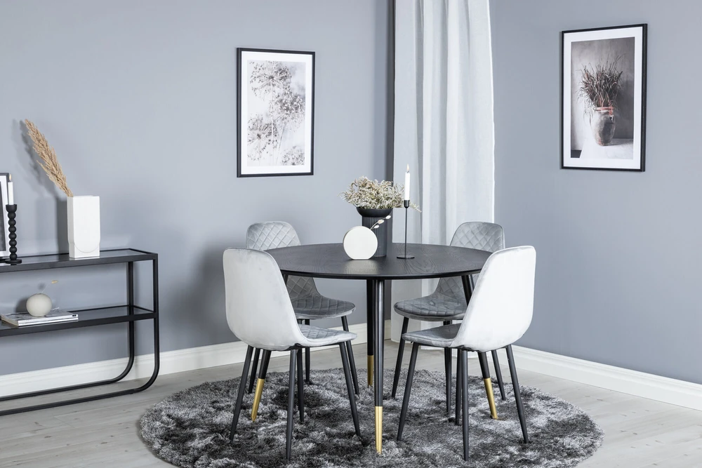 Venture Design Valgomasis stalas, Dipp, ⌀115 cm, Juodas / Valgomasis kėdė, Polar, 52x86x44 cm, Pilka