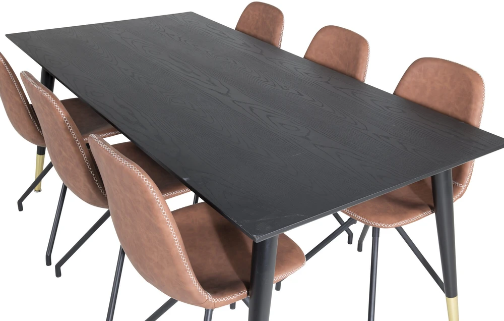 Venture Design Valgomasis stalas, Dipp, 180x90 cm, Juodas / Valgomasis kėdė, Polar, 88x44 cm, Ruda