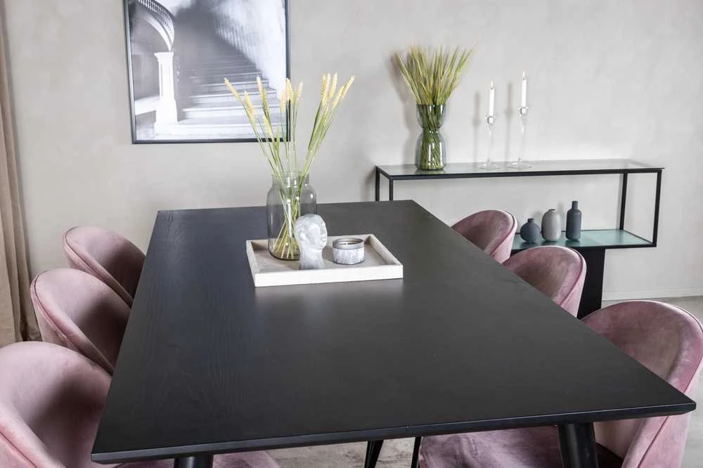 Venture Design Valgomasis stalas, Dipp, 180x90 cm, Juodas / Valgomasis kėdė, Velvetas, 57x76.5x50 cm, Rožinis