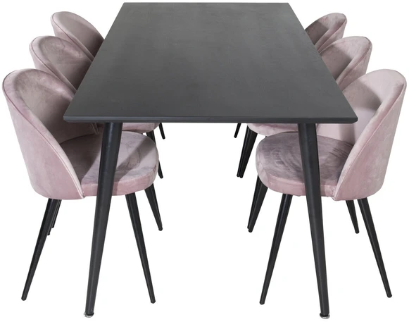Venture Design Valgomasis stalas, Dipp, 180x90 cm, Juodas / Valgomasis kėdė, Velvetas, 57x76.5x50 cm, Rožinis