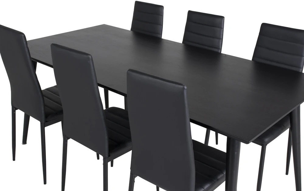 Venture Design Valgomasis stalas, Dipp, 180x90 cm, Juoda furniruota medžio drobė / Valgomasis kėdė, Plonas aukštas atlošas, 98x42 cm, Juoda