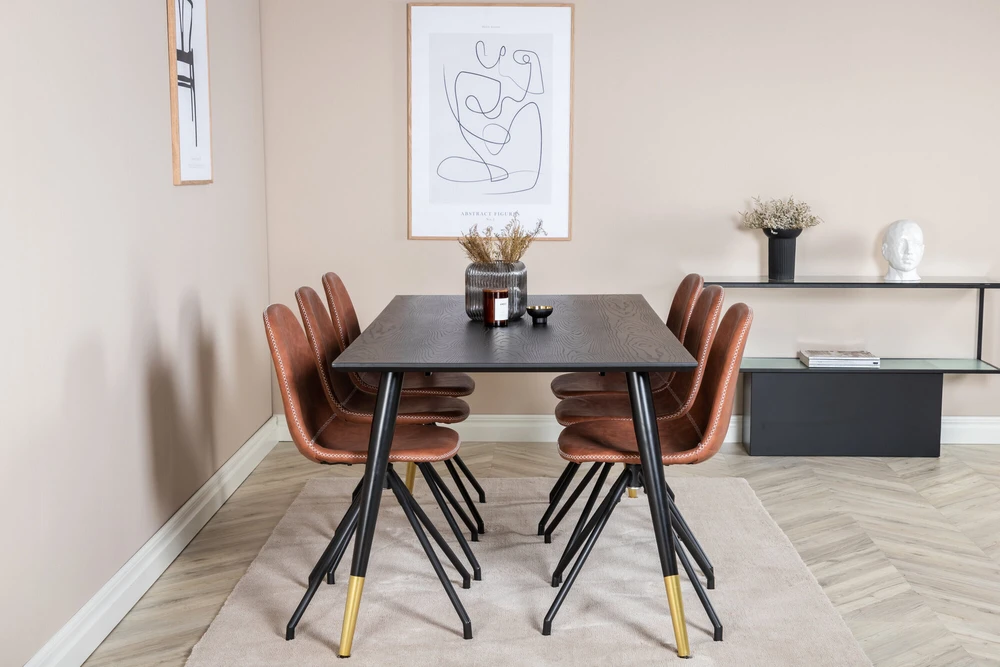 Venture Design Valgomasis stalas, Dipp, 180x90 cm, Juodas / Valgomasis kėdė, Polar, 88x44 cm, Ruda