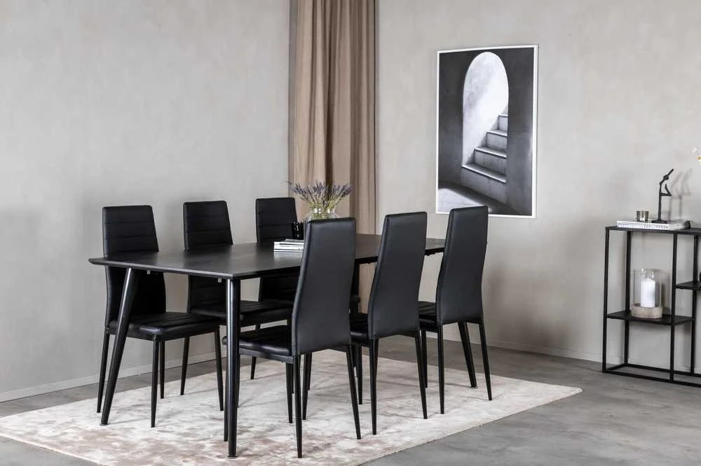 Venture Design Valgomasis stalas, Dipp, 180x90 cm, Juoda furniruota medžio drobė / Valgomasis kėdė, Plonas aukštas atlošas, 98x42 cm, Juoda
