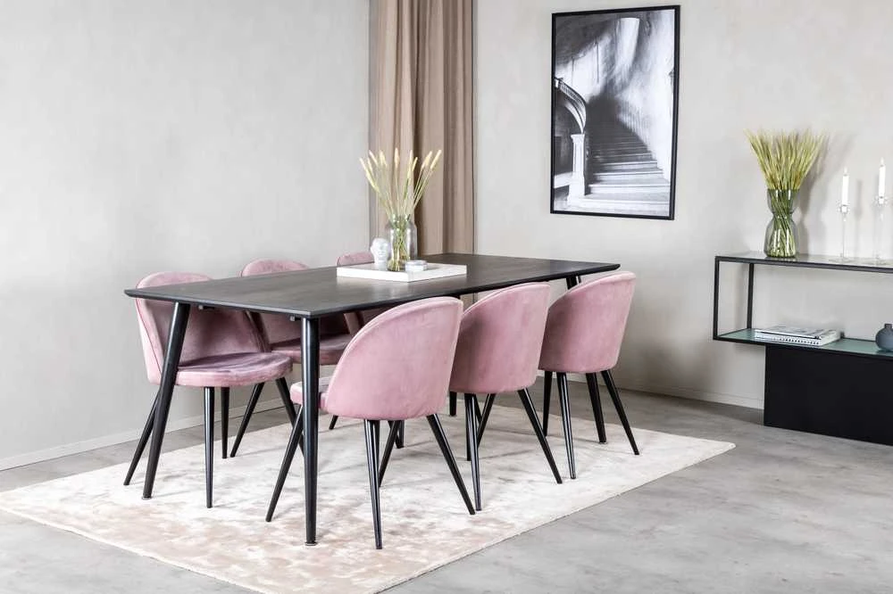 Venture Design Valgomasis stalas, Dipp, 180x90 cm, Juodas / Valgomasis kėdė, Velvetas, 57x76.5x50 cm, Rožinis