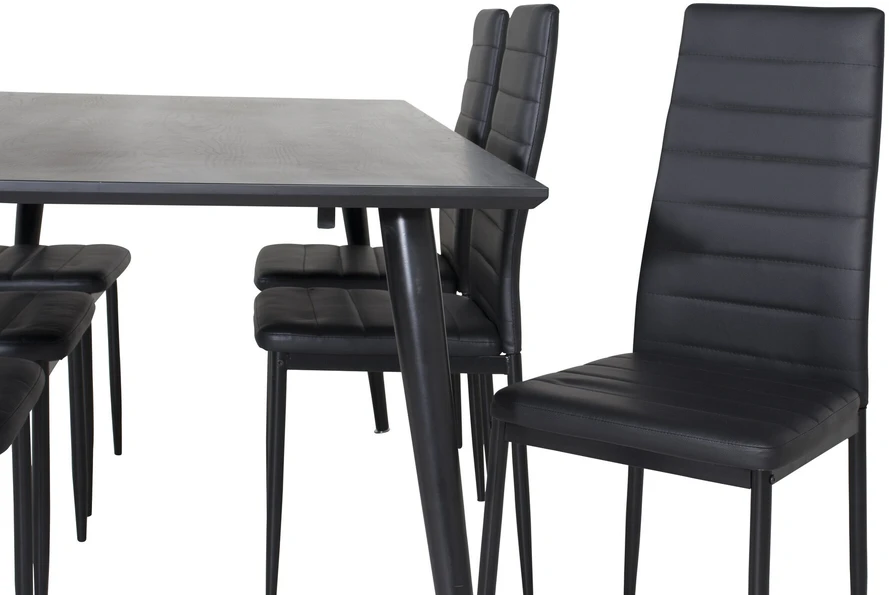 Venture Design Valgomasis stalas, Dipp, 180x90 cm, Juoda furniruota medžio drobė / Valgomasis kėdė, Plonas aukštas atlošas, 98x42 cm, Juoda