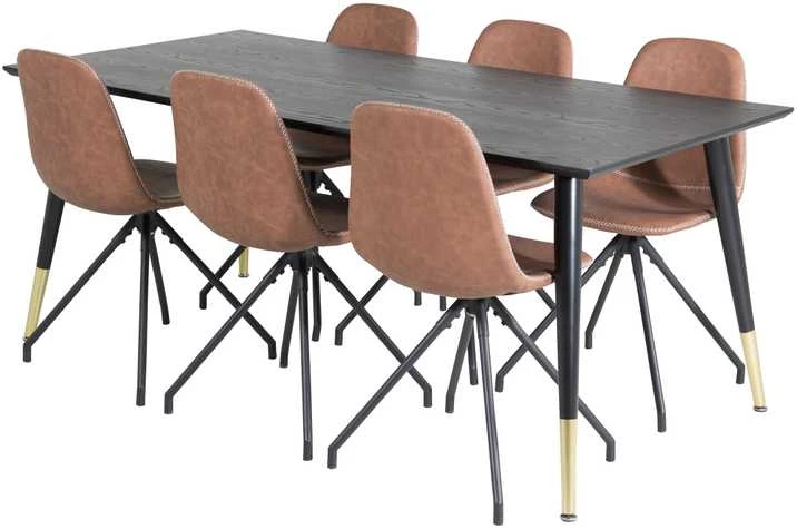 Venture Design Valgomasis stalas, Dipp, 180x90 cm, Juodas / Valgomasis kėdė, Polar, 88x44 cm, Ruda