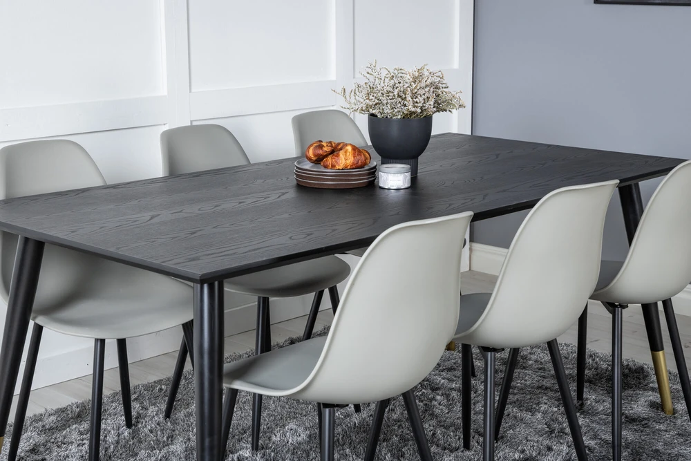 Venture Design Valgomasis stalas, Dipp, 180x90 cm, Juodas / Valgomasis kėdė, Polar, Juodos kojos / Pilka