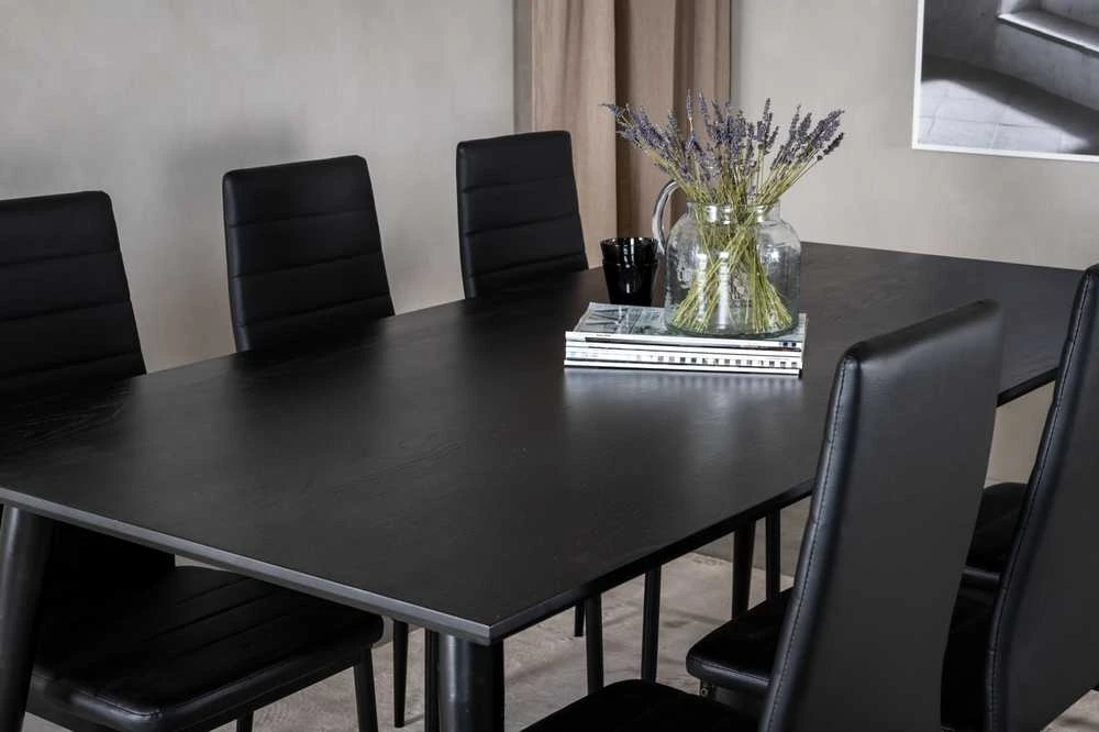 Venture Design Valgomasis stalas, Dipp, 180x90 cm, Juoda furniruota medžio drobė / Valgomasis kėdė, Plonas aukštas atlošas, 98x42 cm, Juoda