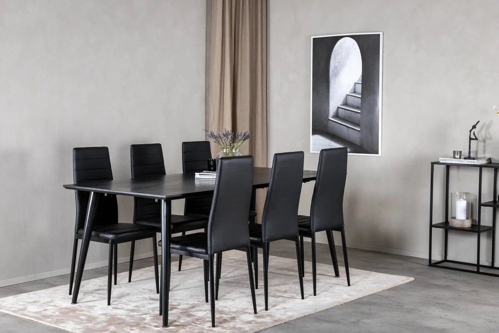 Venture Design Valgomasis stalas, Dipp, 180x90 cm, Juoda furniruota medžio drobė / Valgomasis kėdė, Plonas aukštas atlošas, 98x42 cm, Juoda