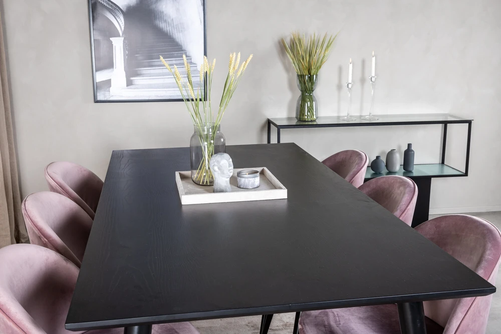 Venture Design Valgomasis stalas, Dipp, 180x90 cm, Juodas / Valgomasis kėdė, Velvetas, 57x76.5x50 cm, Rožinis