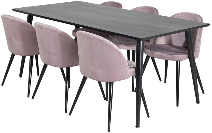 Venture Design Valgomasis stalas, Dipp, 180x90 cm, Juodas / Valgomasis kėdė, Velvetas, 57x76.5x50 cm, Rožinis