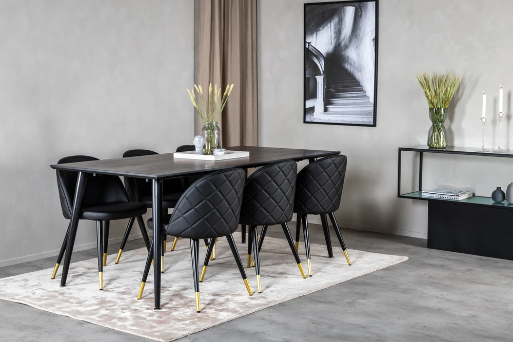 Venture Design Valgomasis stalas, Dipp, 180x90 cm, Juodas + Valgomasis kėdė, Velvet, 57x76.5x50 cm, Juoda