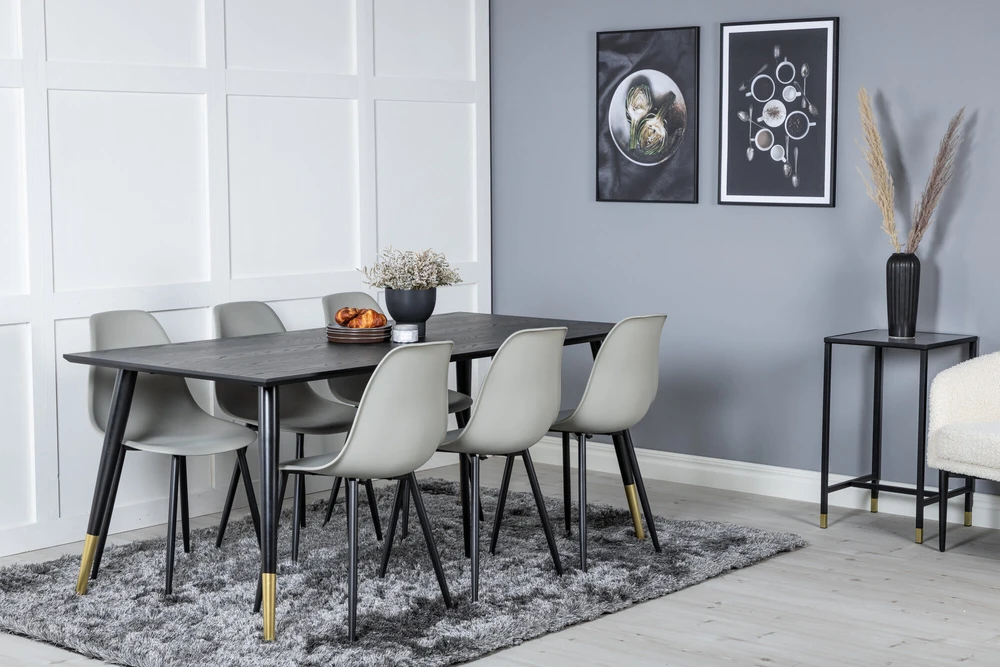 Venture Design Valgomasis stalas, Dipp, 180x90 cm, Juodas / Valgomasis kėdė, Polar, Juodos kojos / Pilka