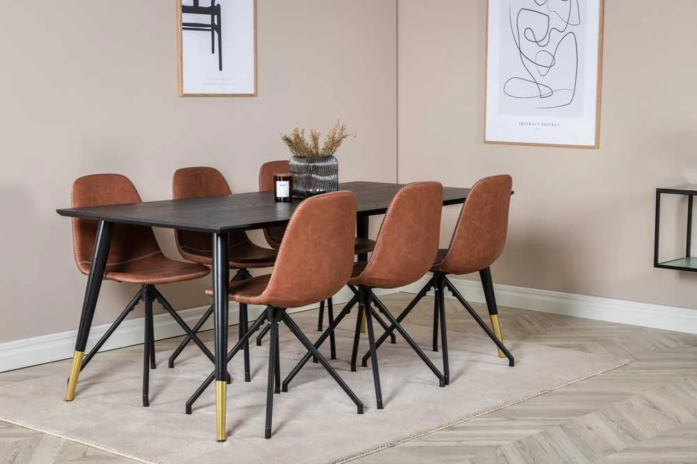 Venture Design Valgomasis stalas, Dipp, 180x90 cm, Juodas / Valgomasis kėdė, Polar, 88x44 cm, Ruda