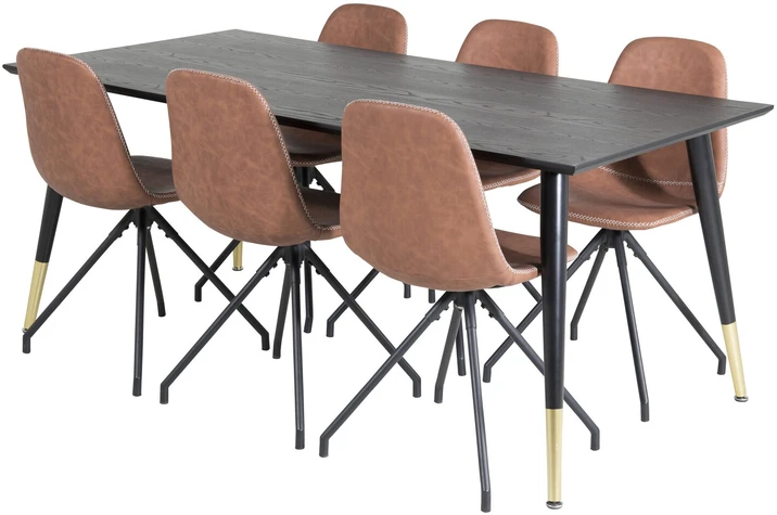Venture Design Valgomasis stalas, Dipp, 180x90 cm, Juodas / Valgomasis kėdė, Polar, 88x44 cm, Ruda