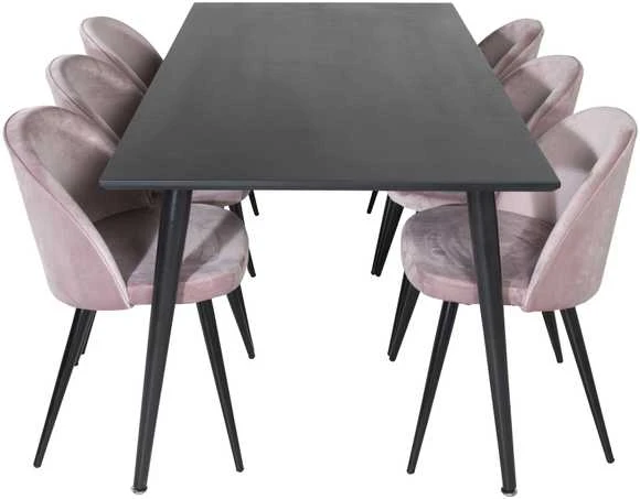 Venture Design Valgomasis stalas, Dipp, 180x90 cm, Juodas / Valgomasis kėdė, Velvetas, 57x76.5x50 cm, Rožinis