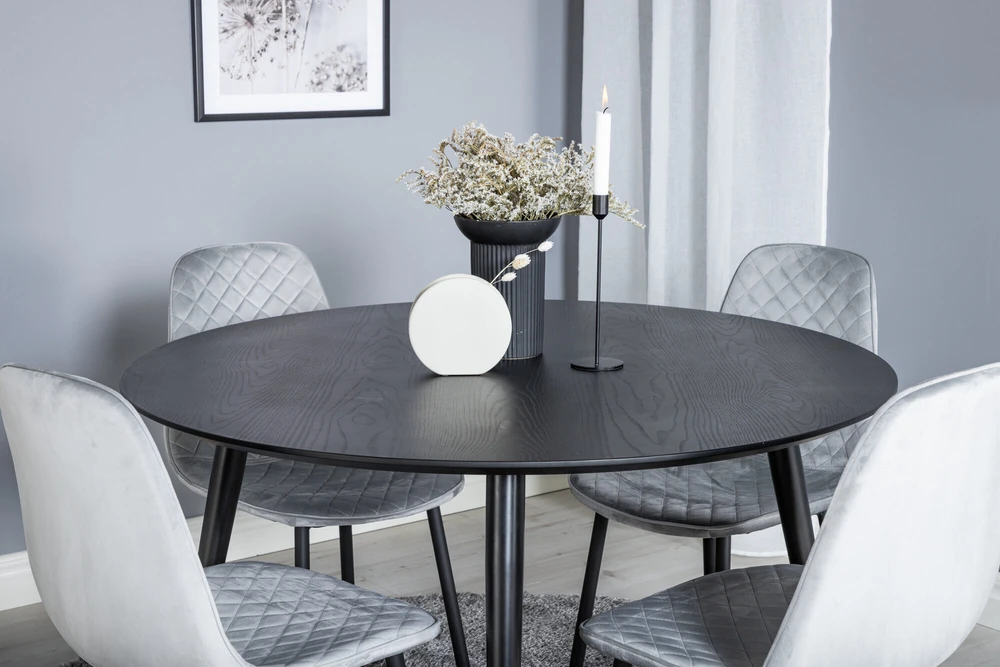 Venture Design Valgomasis stalas, Dipp, ⌀115 cm, Juodas / Valgomasis kėdė, Polar, 52x86x44 cm, Pilka