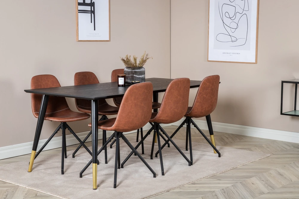 Venture Design Valgomasis stalas, Dipp, 180x90 cm, Juodas / Valgomasis kėdė, Polar, 88x44 cm, Ruda