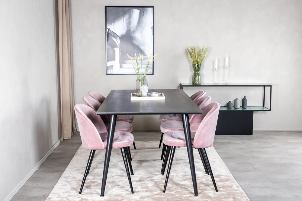 Venture Design Valgomasis stalas, Dipp, 180x90 cm, Juodas / Valgomasis kėdė, Velvetas, 57x76.5x50 cm, Rožinis