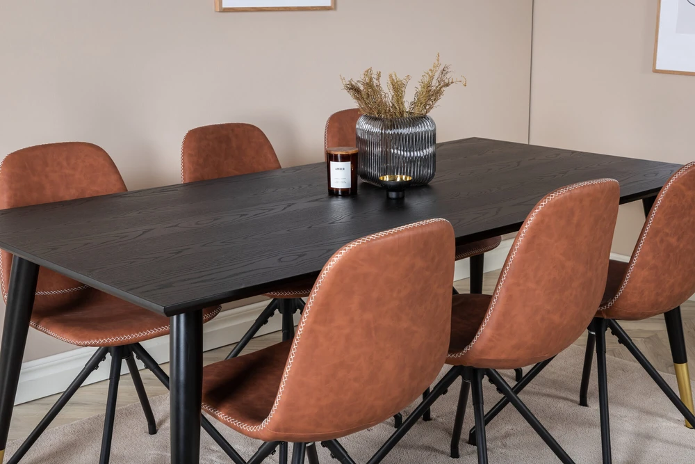 Venture Design Valgomasis stalas, Dipp, 180x90 cm, Juodas / Valgomasis kėdė, Polar, 88x44 cm, Ruda