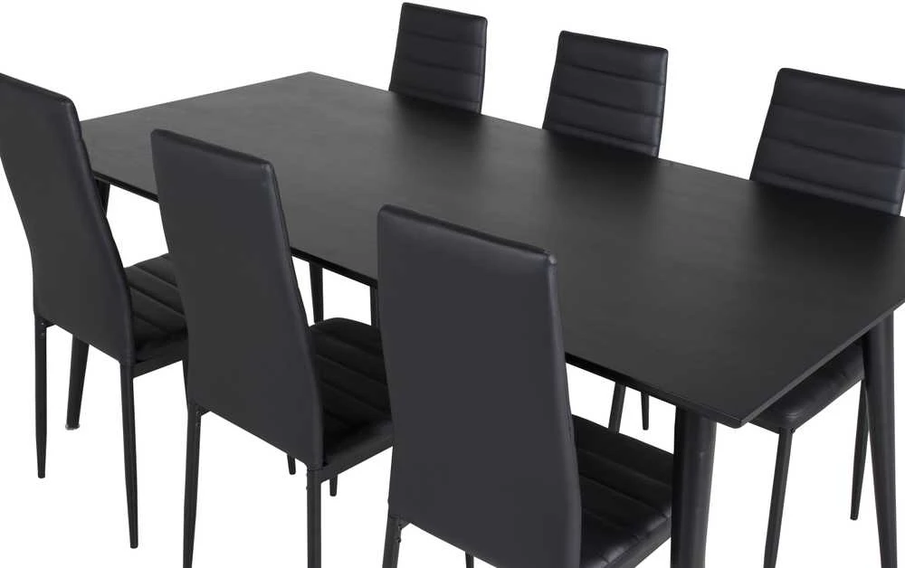 Venture Design Valgomasis stalas, Dipp, 180x90 cm, Juoda furniruota medžio drobė / Valgomasis kėdė, Plonas aukštas atlošas, 98x42 cm, Juoda