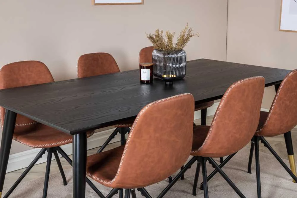 Venture Design Valgomasis stalas, Dipp, 180x90 cm, Juodas / Valgomasis kėdė, Polar, 88x44 cm, Ruda