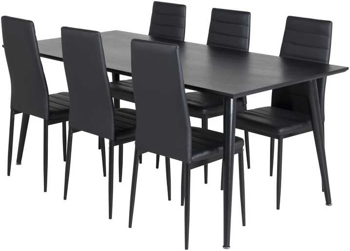 Venture Design Valgomasis stalas, Dipp, 180x90 cm, Juoda furniruota medžio drobė / Valgomasis kėdė, Plonas aukštas atlošas, 98x42 cm, Juoda