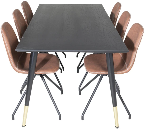 Venture Design Valgomasis stalas, Dipp, 180x90 cm, Juodas / Valgomasis kėdė, Polar, 88x44 cm, Ruda