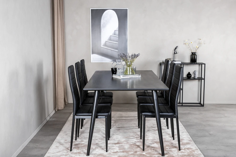 Venture Design Valgomasis stalas, Dipp, 180x90 cm, Juoda furniruota medžio drobė / Valgomasis kėdė, Plonas aukštas atlošas, 98x42 cm, Juoda