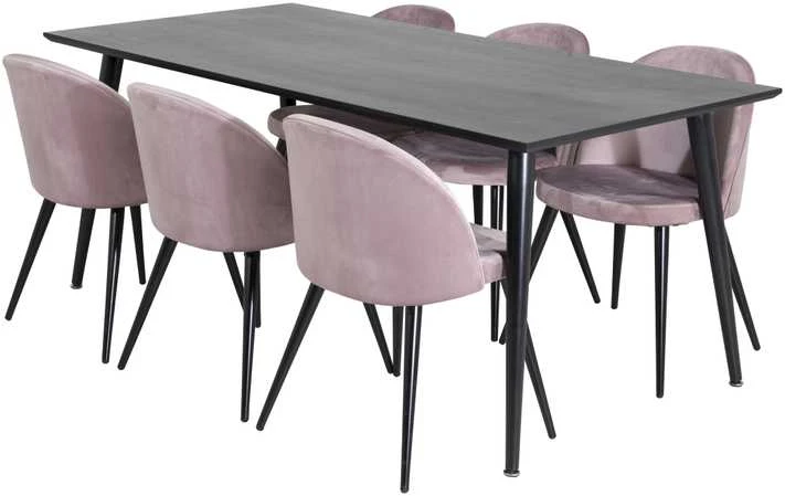 Venture Design Valgomasis stalas, Dipp, 180x90 cm, Juodas / Valgomasis kėdė, Velvetas, 57x76.5x50 cm, Rožinis