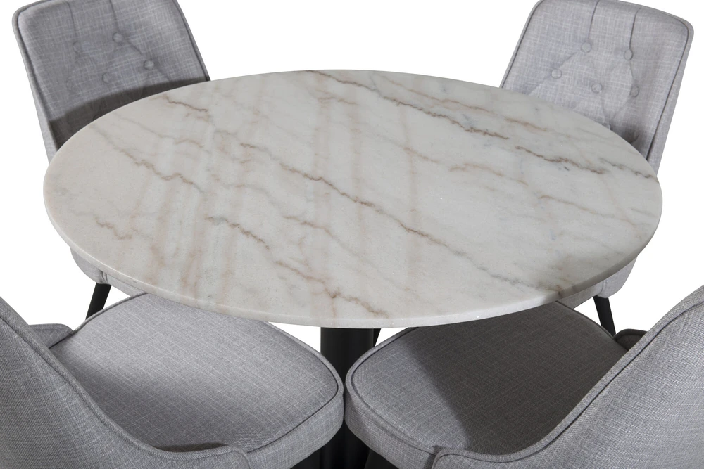 Venture Design Valgomasis stalas, Estelle, ø106x75 cm, Balta / Valgomasis kėdė, Velvet Deluxe, 66x88.5x50 cm, Šviesiai pilka