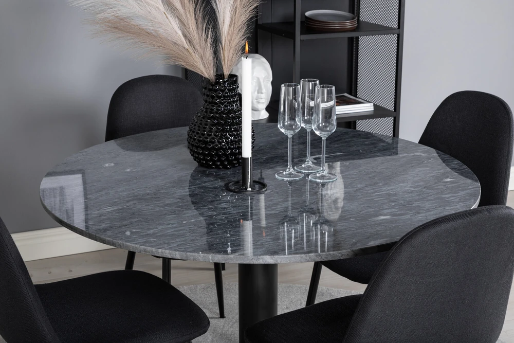 Venture Design Valgomasis stalas, Estelle apvalus, ø106 A75 cm, Juodas / Valgomasis kėdė, Polar, 53x87x44 cm, Juoda