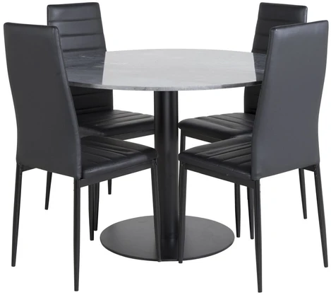 Venture Design Valgomasis stalas, Estelle apvalus, ø106 A75 cm, Juodas / Valgomasis kėdė, Plonas aukštas atlošas, 48x98x42 cm, Juodas